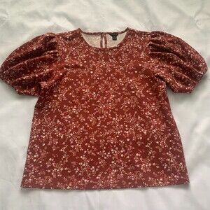 Ann Taylor Terra Cotta Floral Puff Sleeve Top Women MP Rust Red Cottage Prairie